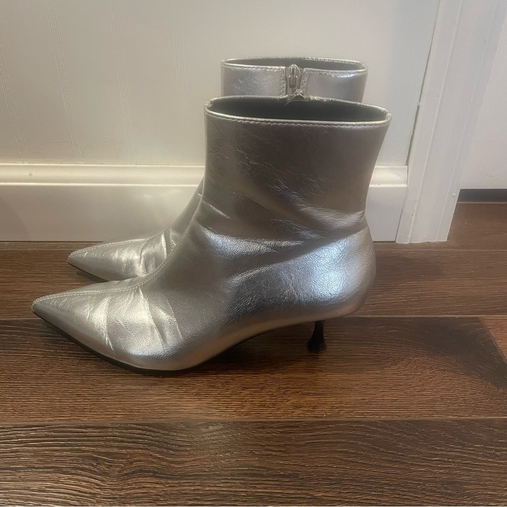 Zara Silver Metallic Kitten Heel Ankle Boots Date Night Clubbing EU 37/US 6 - Picture 6 of 14